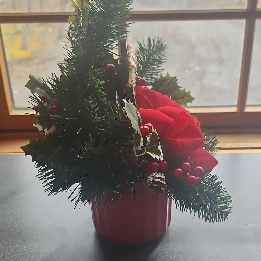 Artificial Pine and Holly Christmas Arrangement in Red‎ Mug with Snowman